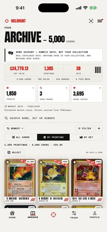 HoloHunt app, Archive screen: a scanned collection filed by printing, with card counts and estimated value, on the demo account.