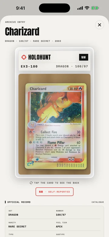 HoloHunt app, card record screen: one card in a HoloHunt slab with its set, number, rarity and condition.