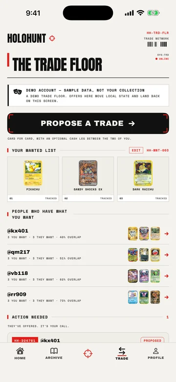 HoloHunt app, Trade Floor screen: a wanted list and collectors who have the cards you want, on the demo account.