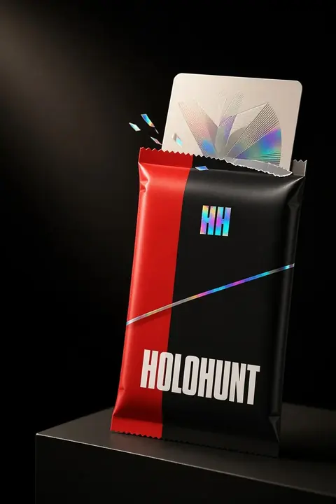A HoloHunt pack torn open on a black plinth, a foil card rising out of it.