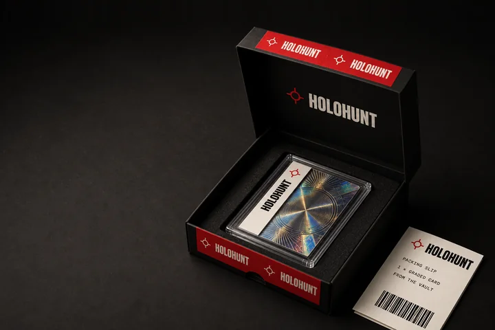 A HoloHunt slab nested in a black mailer box sealed with red HOLOHUNT tape, beside a HoloHunt packing slip.