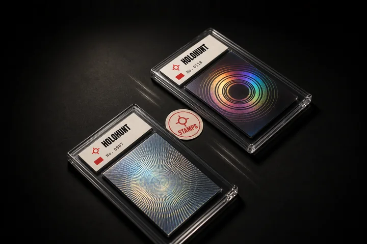 Two HoloHunt-labelled card slabs sliding toward each other across a black table, a red HoloHunt STAMPS token between them.