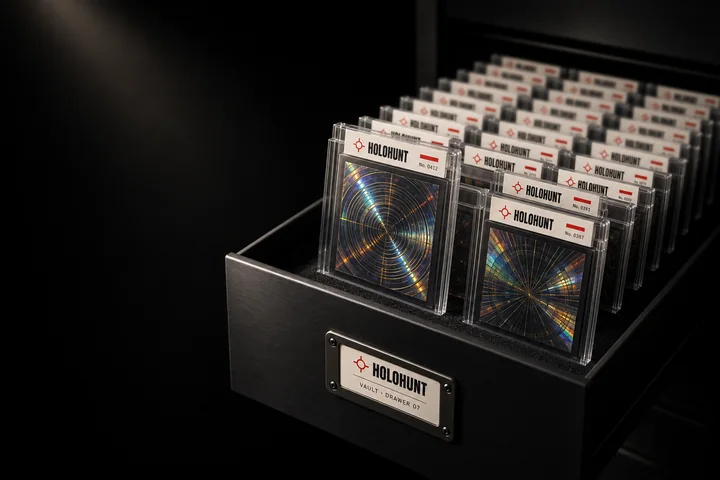 HoloHunt vault drawer: graded slabs filed upright, each paper label printed with the HoloHunt crosshair and wordmark, and a HOLOHUNT plate on the drawer front.